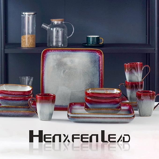 16-Piece Ceramic Square Dinnerware Set for 4 Stoneware Dinner Plates Dessert Plates Bowls Set Coffee Mug Set Microwave Oven and Dishwasher Safe Scratch Resistant