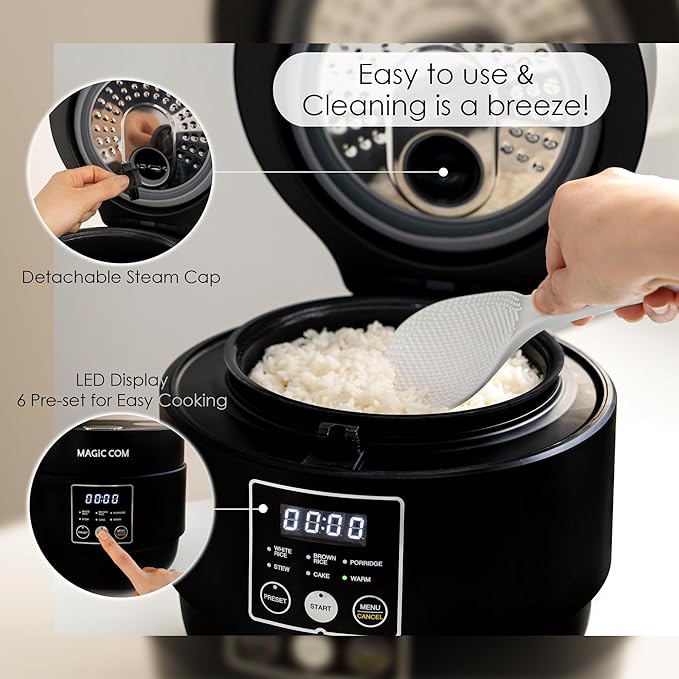 MAGiC COM Rice Cooker 4 Cup Uncooked (8 Cup Cooked) Small Digital Multi-Cooker with Steamer 24H Delay Timer Automatic Keep Warm Non-Stick Pot Perfect for Dorm Travel Single Serve (Black)
