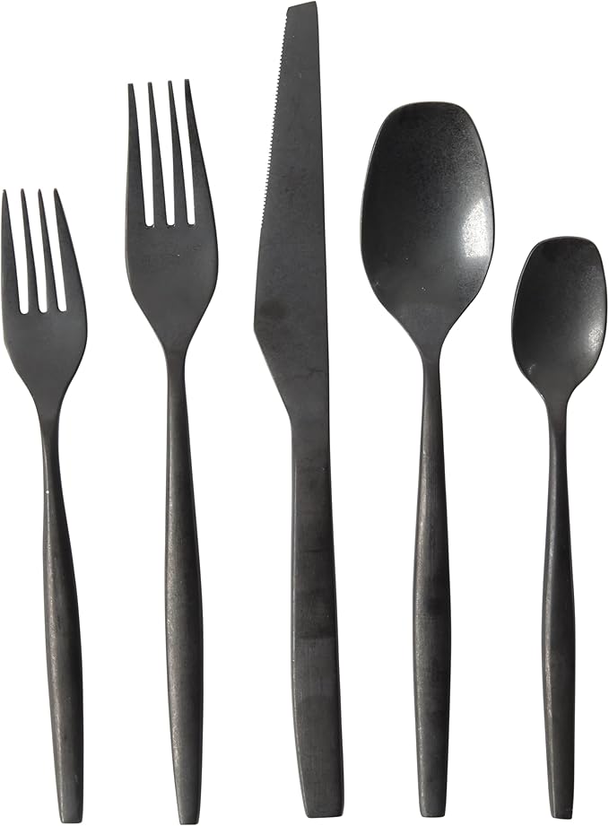 Bloomhouse - Two Time Oprah's Favorite Things Winner - 20 Piece Stone Washed Black Flatware 18/10 Stainless Steel Silverware Cutlery Utensil Set With Acacia Wood Caddy - Service for 4