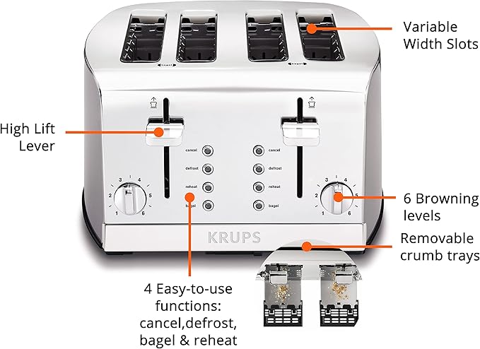 KRUPS: 4 Slice Toaster Stainless Steel 4 Functions Cancel Bagel Reheat Defrost 1500 watts 6 Shade Settings Removable Crumb Tray