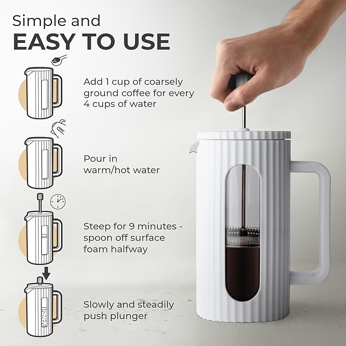 Kaffe French Press Coffee Maker (34oz / 1L) - Borosilicate Glass and BPA-Free Plastic Coffee Press - White - Lightweight Travel &amp Camping Coffee Maker