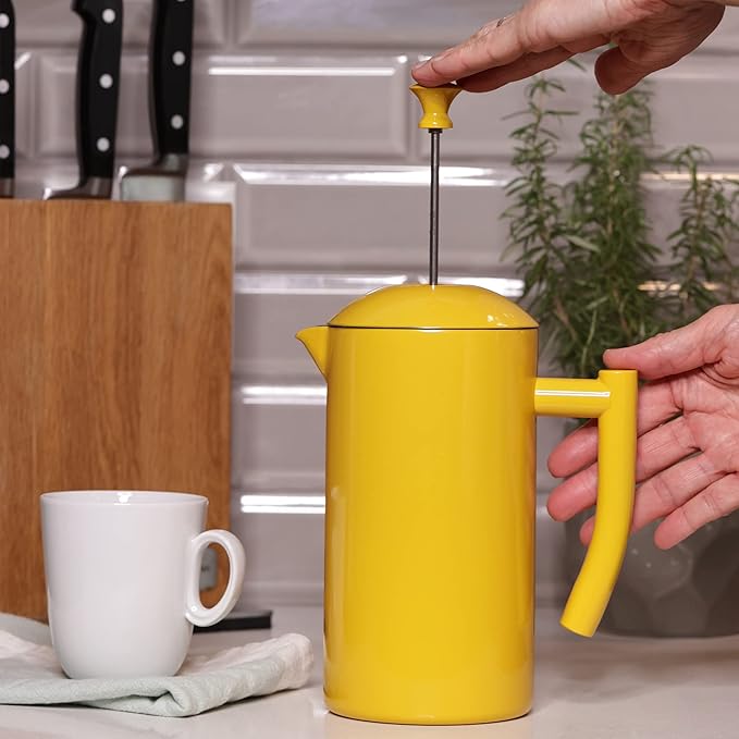 Frieling Stainless Steel French Press Coffee Maker - 34 Fl Oz Yellow - Double-Walled with Double Filter - Insulated Plastic-Free Coffee Press for Camping &amp Travel