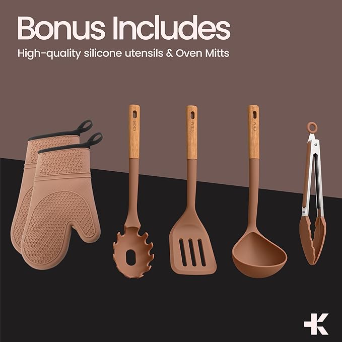 Crystal Kung Minkoff Ceramic Cookware Set – 14-Piece Pots and Pans Set with Lids Silicone Utensils &amp Oven Mitts Nonstick and Non-Toxic PTFE/PFAS Free Dishwasher &amp Stovetop Safe Up to 500°F