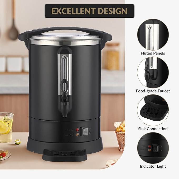 100-Cup Commercial Coffee &amp Hot Water Urn | 18l Large Capacity Stainless Steel Electric Beverage Dispenser with Double Wall Insulation | Professional Hot Beverage Maker for Catering Weddings