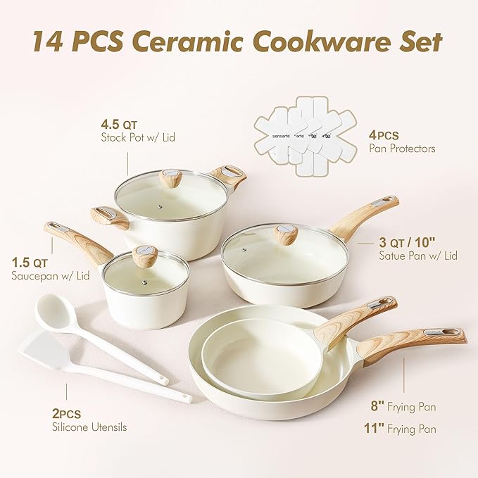 SENSARTE Ceramic Cookware Sets Pots and Pans Set Non stick Granite Induction Cookware Non toxic Healthy Non Stick Kitchen Cooking Set with Frying Pans Set PFAS PTFE PFOA PFOS Free14 Pcs