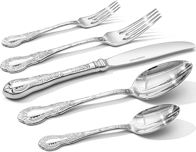 KINGSTONE Vintage Carved Silverware Set 10-Piece 18/10 Stainless Steel Flatware Cutlery Set with Retro Royal Thick Handle Tableware Utensils for Home Restaurant party Wedding Dishwasher Safe