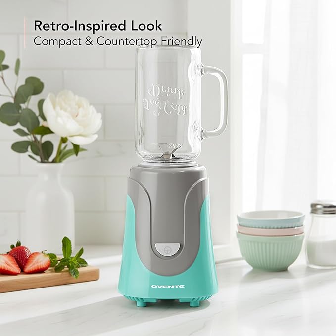 OVENTE Retro Personal Blender and Smoothie Maker with 18 Oz Mason Jar 300W Base Stainless Steel Blades BPA-Free and Dishwasher Safe Container Includes Reusable Straw and Lid Turquoise BLH1002T