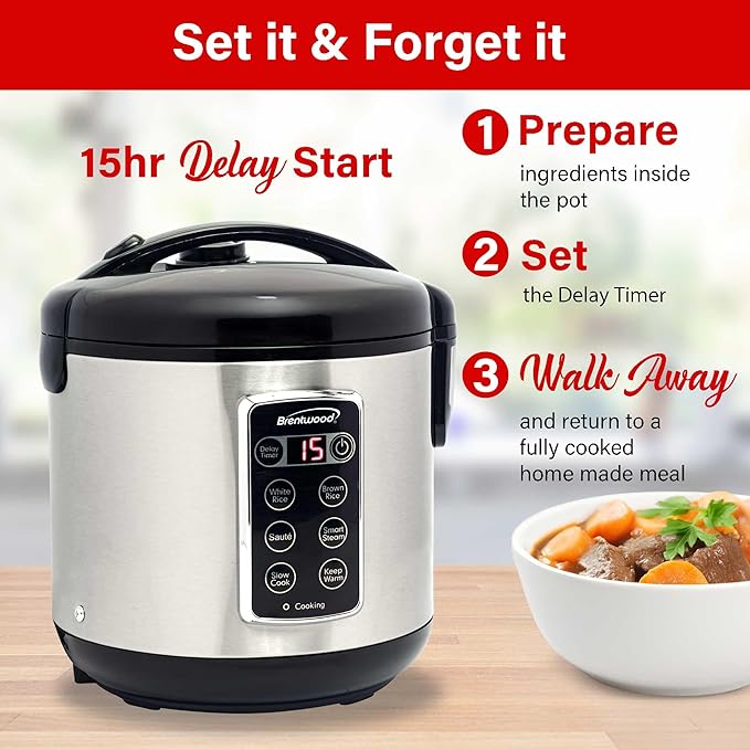 Brentwood 7-Function Smart Rice Multi-Cooker – Food Steamer Slow Cooker Sauté Keep Warm and 15hr Delay Timer with Spatula and Measuring Cup Stainless Steel (10 Cups Cooked / 5 Cups Uncooked)
