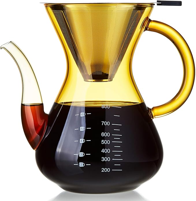Unbreakable - Pour Over Coffee Maker with Double Stainless Filter 27 fl oz Thickened Heat-Resistant Borosilicate Glass Pour Over Coffee Dripper Stovetop Safe