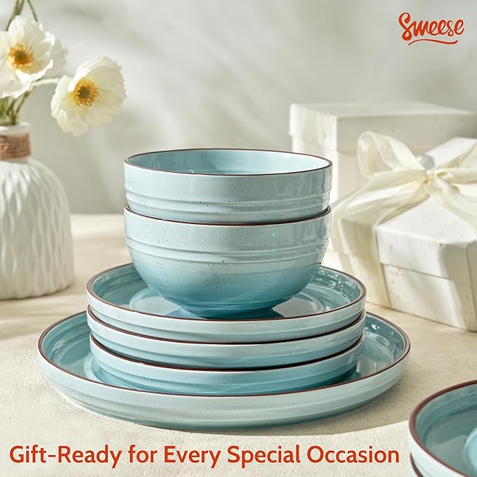 Sweese Plates and Bowls Sets Porcelain Dinnerware Sets for 6 18 pcs Handcrafted Glaze Embossed Dinner Set Scratch Resistant Dishware Dishwasher Oven Microwave Safe Ceramic Dish Set Gradient Blue