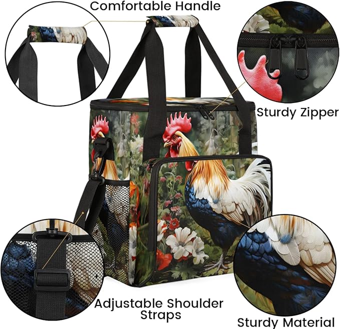 Beautiful Rooster Flower Coffee Maker Travel Bag for Keurig K-Mini/K-Mini Plus Insulated Waterproof Tote with Pockets for K-Cup Portable Single-Serve Brewer Case