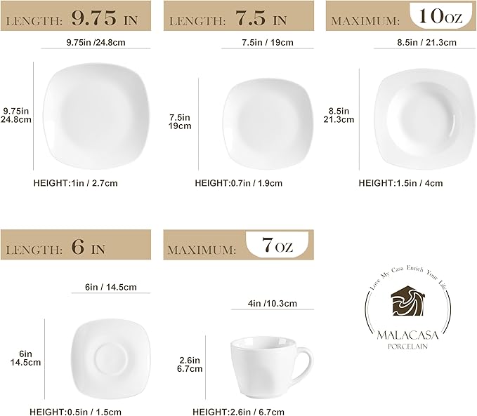 MALACASA 30 Piece Porcelain Dinnerware Set Grey White Dish Set for 6 Square Ceramic Dishware Sets Chip and Scratch Resistant Plates and Bowls Sets Cups and Saucers Series ELISA