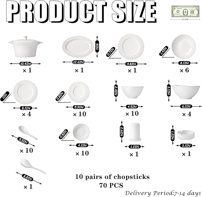 Fine Bone China Dinnerware Set Porcelain &amp Ceramic Dinnerware Sets Bone Stoneware &amp Ceramic Cookware Tableware Set Includes Dinner Plates|Spoons|Pasta Bowls|Soup Pot|Chopsticks (70 Pcs)