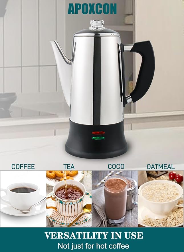 Electric Coffee Percolator Stainless Steel Coffee Maker with Two Heat Resistant Tough Glass Clear Brew Progress Knob Classic Look Keep Warm &amp Cordless Serving Coffee Pot 12 Cup
