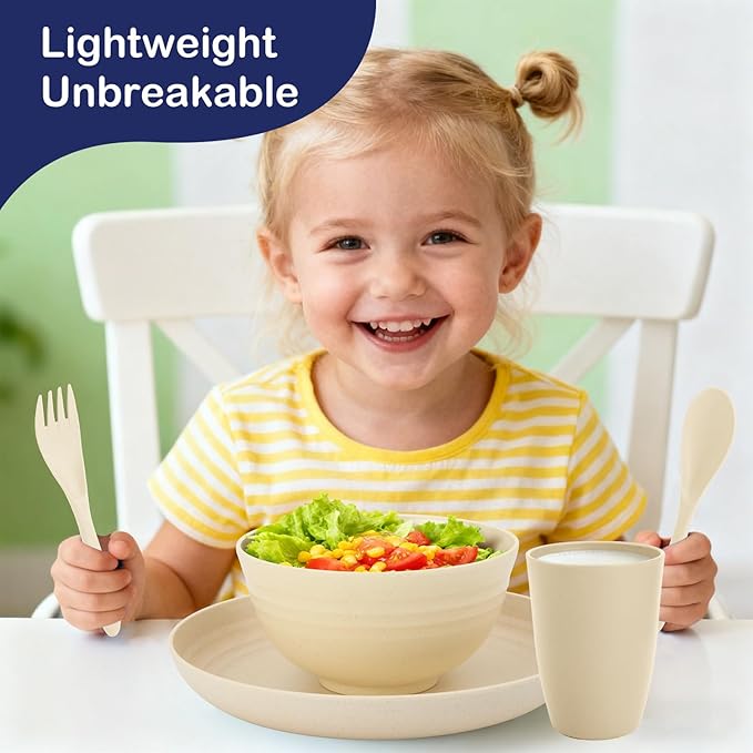 Kitchen Wheat Straw Dinnerware Sets for 4 Unbreakable Kids Dish Set 20 PCS - Dinner Plate/Cereal Bowl/Cup/Fork/Spoon for Outdoor Camping RV Apartment Essentials - Beige