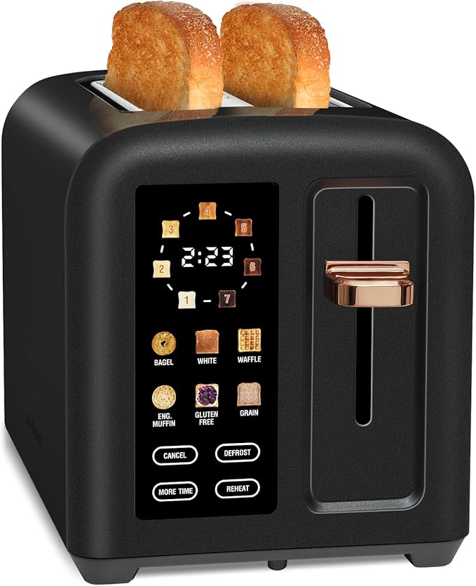 SEEDEEM Toaster 2 Slice Touch Control Stainless Toaster LCD Display 50% Faster Heating Speed 1.4'' Wide Slots More Timer Functions Removable Crumb Tray 1350W Dark Chocolate