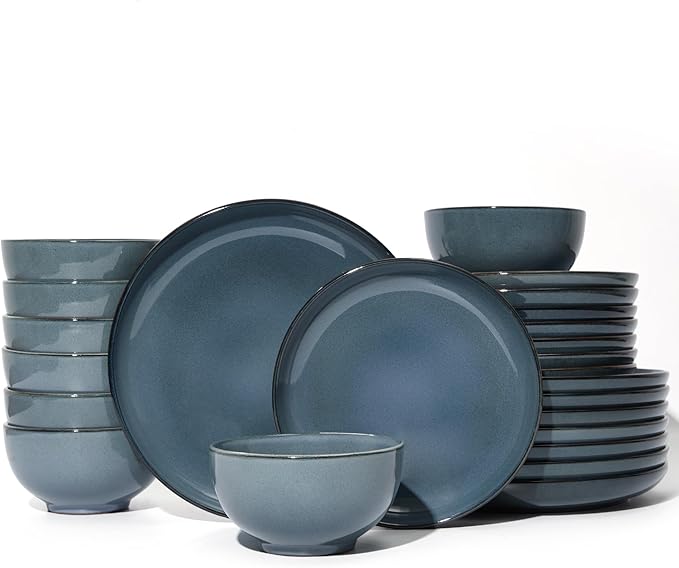 24 Piece Dinnerware Set for 8 Santorini Mist Terracotta Plates and Bowls Sets Complete Stoneware Dish Set for Large Families and Entertaining Microwave &amp Dishwasher Safe Jeans Blue