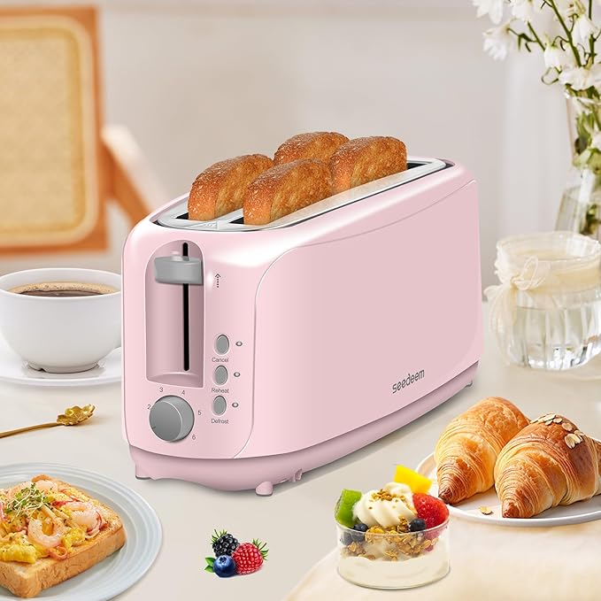 SEEDEEM 4 Slice Toaster Extra Wide Slots Bread Toaster with 6 Shade Settings Bagel/Cancel/Defrost/Reheat Functions Removable Crumb Tray Auto Shut-Off Pink