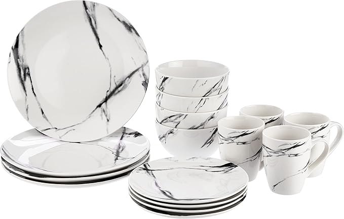 American Atelier Marble Black Coup Casual Round Porcelain Dinnerware Set-16 Piece Party Collection w/ 4 Dinner Salad Plates 4 Bowls &amp 4 Mugs 10.5 White