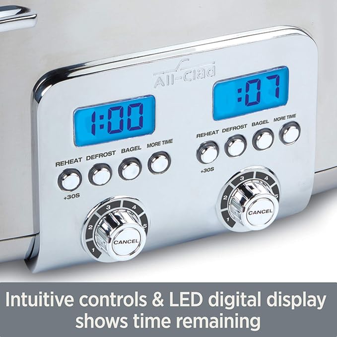 All-Clad Electric Stainless Steel Toaster 4-Slice LED Display Removable Crumb Tray Internal Cord Storage 6 Browning Levels Wide and Self-Centering Slots Waffles Bagels Bread Silver