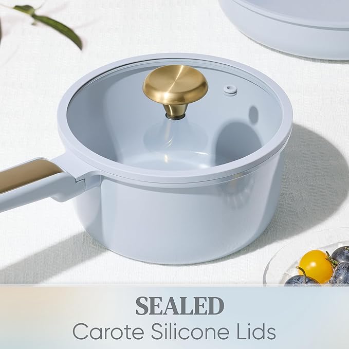 CAROTE Ceramic Cookware Set Nonstick 14pcs Pots and Pans Set Nonstick Non-Toxic &amp PFAS-Free Dishwasher RV/Camping Cookware Set Cooking Pots with Lids Pastel Blue