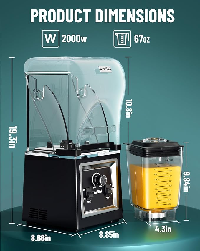 WantJoin Professional Grade Blender - Soundproof &amp Quiet Commercial Blenders 2000W High-Power with Removable Shield 67oz Large Capacity for Smoothies Shakes Frozen Drinks &amp Kitchen Use (Gr