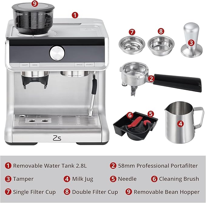 Espresso Coffee Maker with Milk Frother Brushed Stainless Steel Espresso Machine with Grinder and Espresso Machine for Home Barista Cuppuccino Machine Use