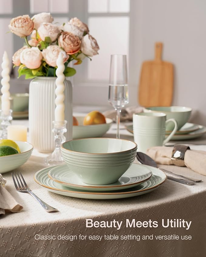 Famiware Jupiter Stoneware Dinnerware Sets for 4 (16-Piece) Handcrafted Dishes Set with Embossed Swirl &amp Speckles Green - Includes Scratch Resistant Pasta Bowl &amp Dinner Plate for Daily &amp
