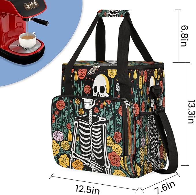 Skeleton Flowers Rose Coffee Maker Carring Bag Travel Carrying Storage Tote Bag Compatible Portable Single Serve Coffee Brewer Case with Pockets for K-cup Pods
