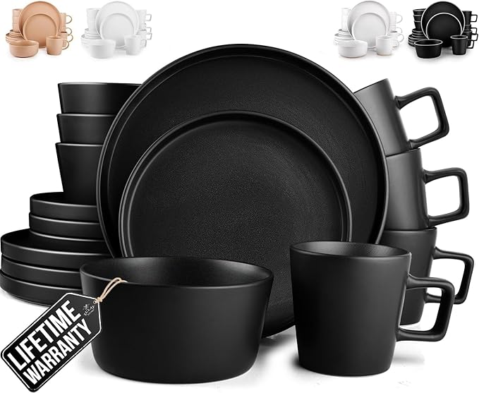 Zulay Kitchen Terra Plates and Bowls Sets 16 Piece Modern Stoneware Dish Set for 4 Chip and Scratch Resistant Ceramic Dinnerware Set Microwave and Dishwasher Safe Matte Black