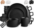 Zulay Kitchen Terra Plates and Bowls Sets 16 Piece Modern Stoneware Dish Set for 4 Chip and Scratch Resistant Ceramic Dinnerware Set Microwave and Dishwasher Safe Matte Black