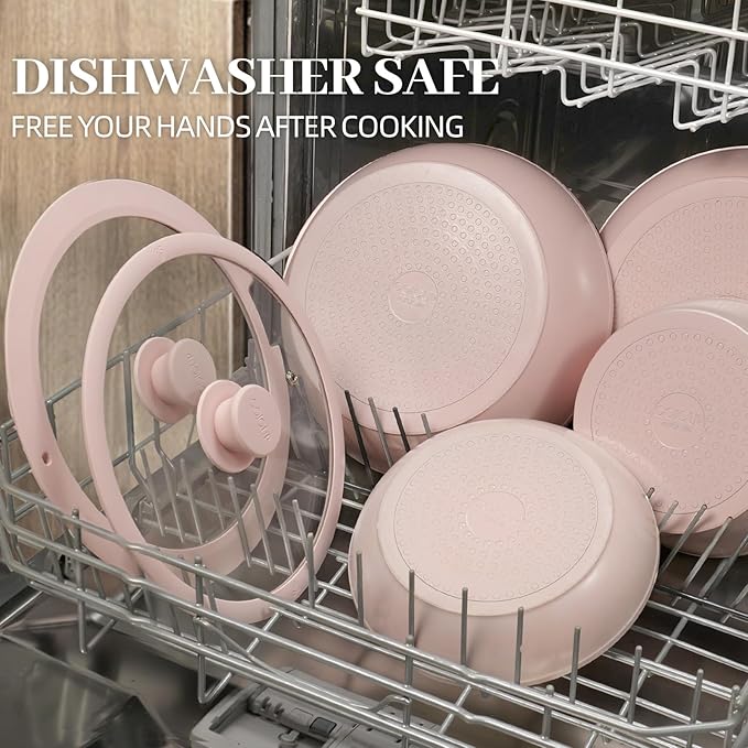 23Pcs Ceramic Cookware Set Non Stick Pots and Pans Set Non Toxic with Detachable Handle Induction Kitchen Cookware Set Space Saving Oven &amp Dishwasher Safe Light Pink