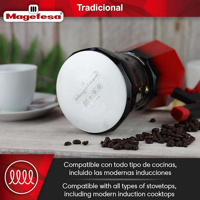MAGEFESA Traditional Italian Coffee Maker Black and Red 9 Cups 450 ml Stainless Steel and Aluminium All Hob Types Induction Cold Handle