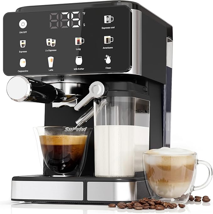 SUNVIVI Espresso Machine with Cold Brew All-in-one Iced Coffee Maker with Automatic Milk Frother LED Touchscreen 51OZ Water Tank Pressure Coffee Machine for Latte Cappucinno Self-clean Black