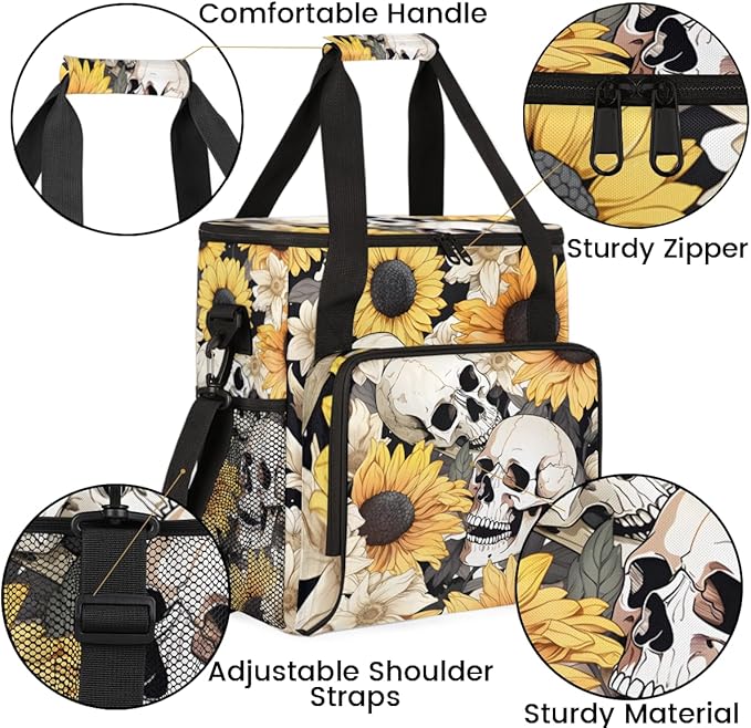 Skull Coffee Maker Carrying Bag Sunflowers Portable Travel Storage Tote Bag Compatible with K-Mini or K-Mini Plus Single Serve Coffee Brewer Carrying Case with Multiple Pockets &amp Shoulder Strap