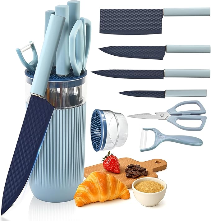 Knife Set 7-Piece Kitchen Knife Set with Sharp Chef and Meat Knives Anti-Rust Utility Knives Set for Kitchen Kitchen Knife Block Set（Blue）