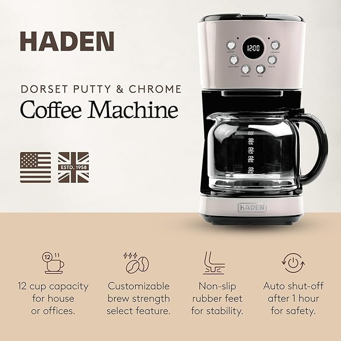 Haden 12-Cup Programmable Coffee Maker for Home or Office Putty &amp Chrome – Drip Brewer Machine with Brew Strength Delay Brewing Auto Shut-Off and Reusable Washable Water Filter