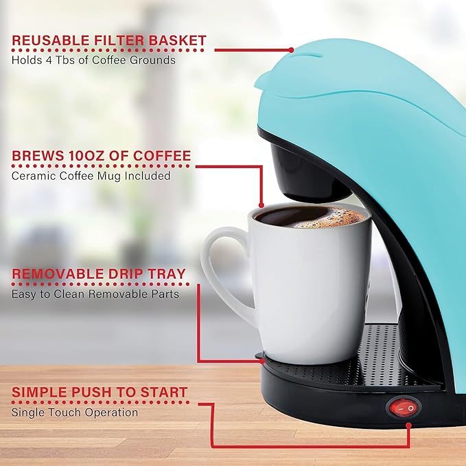 Single Serve Coffee Maker with Porcelain Mug – Compact One Cup Coffee Brewer with Measuring Spoon Removable Drip Tray Blue