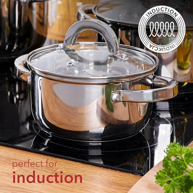 FLORINA 8-Piece Stainless Steel Saucepan Set | Pots with Glass Lid | Induction Gas Electric Cooker Compatible