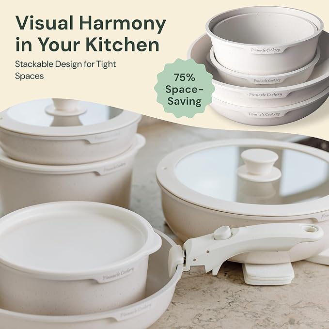 15-Piece White Granite Nonstick Cookware Set – Detachable Handles &amp Tempered Glass Lids – Stackable &amp Cool-Touch - Induction &amp Oven Safe to 480°F - Scratch-Resistant PFOA &amp PFOS-Free