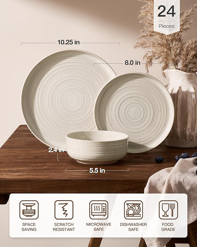 Stoneware Dinnerware Set Highly Chip and Scratch Resistant Everyday Plates and Bowls for 8 (24pcs) Reactive Glaze Speckled Ceramic Flared Dishes with Gift Box Microwave Dishwasher Safe Shell Beige