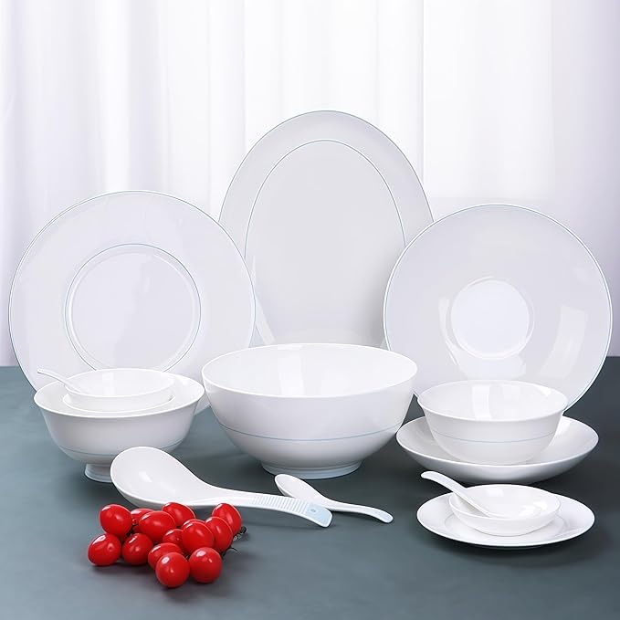 Fine Bone China Dinnerware SetPorcelain&ampCeramic Dinnerware SetsBone Stoneware &amp Ceramic Cookware Tableware Set Includes Dinner Plates|Spoons|Pasta Bowls|Soup Pot|Chopsticks (30PCS * 6-Person