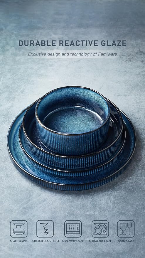 Famiware Star Dinnerware Set with Plates and Bowls Service for 4 (16-Piece) Stoneware Kitchen Dishes Dinner Sets - Nebulas Blue