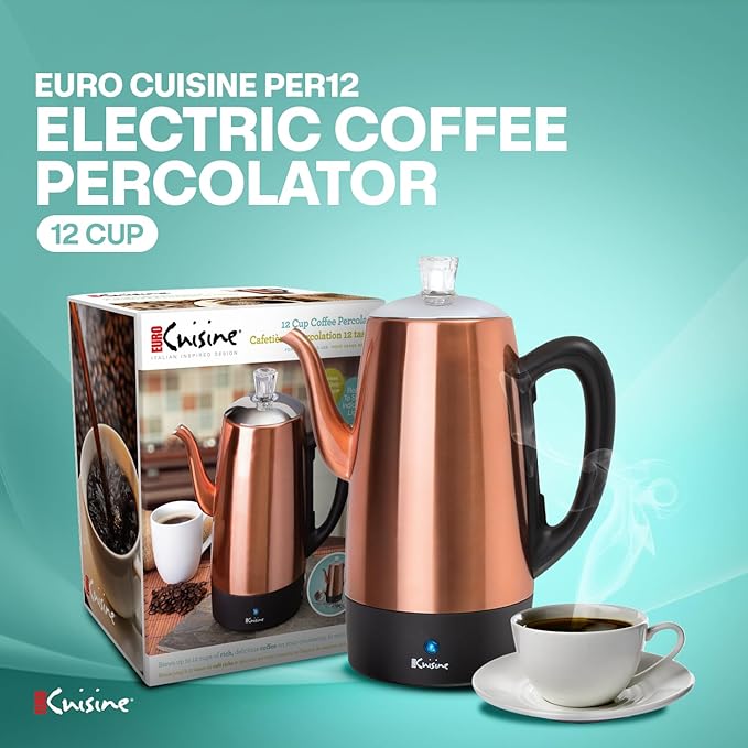 Euro Cuisine PER12 Stainless Steel Electric Coffee Percolator 12 Cup Polished Copper Finish Dripless Gooseneck Spout Clear Glass Knob Brewing Indication Keep-Warm Function Detachable Cord