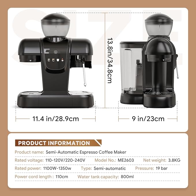 20 Bar Espresso Machine with Grinder &amp Steam Wand - Semi Automatic Coffee Maker NTC Intelligent Temp Control 58mm Stainless Steel Portafilter One-Touch Panel for Home Barista (Removable Water T