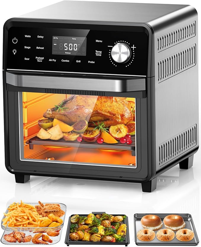 Nuwave Smart Air Fryer Oven with POWERPORT™ Plug-In Grill for Dual-Zone Efficient Cook 100 in 1 Advanced Convection Toaster Oven Countertop w/Insulated 2-Glass Door 450°F Preheat Stainless Steel