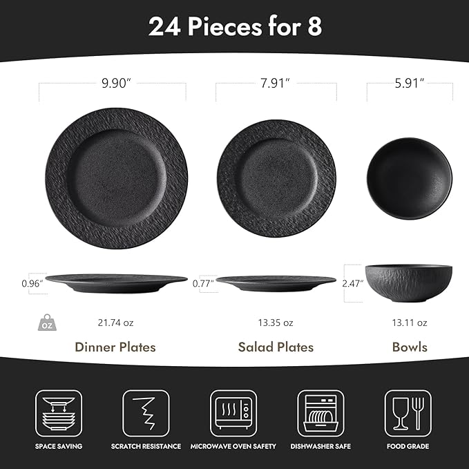 KINGSTONE Black Dinnerware Sets 24-Piece Matte Marble Pattern Premium Porcelain Place Setting with Dinner Plate Salad Plate Pasta Bowl Microwave and Dishwasher Safe