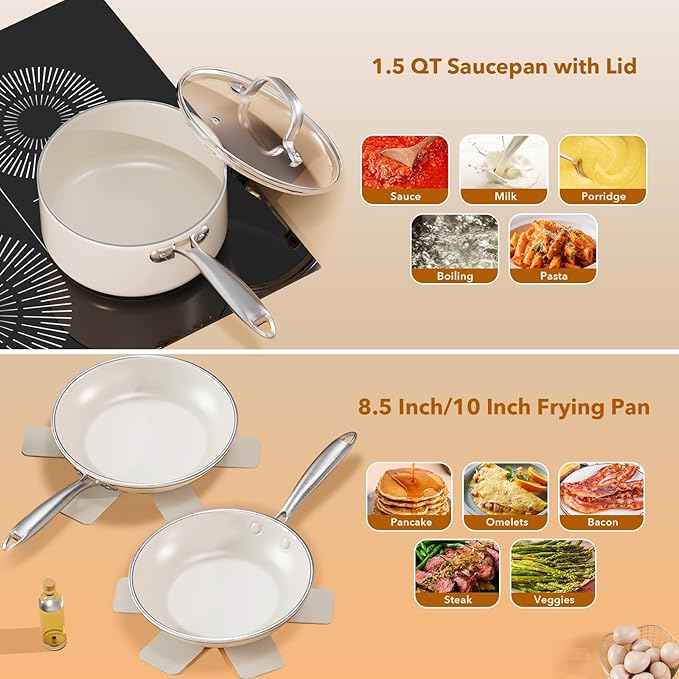 PekGema Ceramic Pots and Pans Set 16 Pcs Cookware Set Non Toxic Nonstick Kitchen Cookware Oven Safe Cooking Pan Set PFAS PTFE PFOA FREECompatible with All Cooktops comfortable handle.Cream White