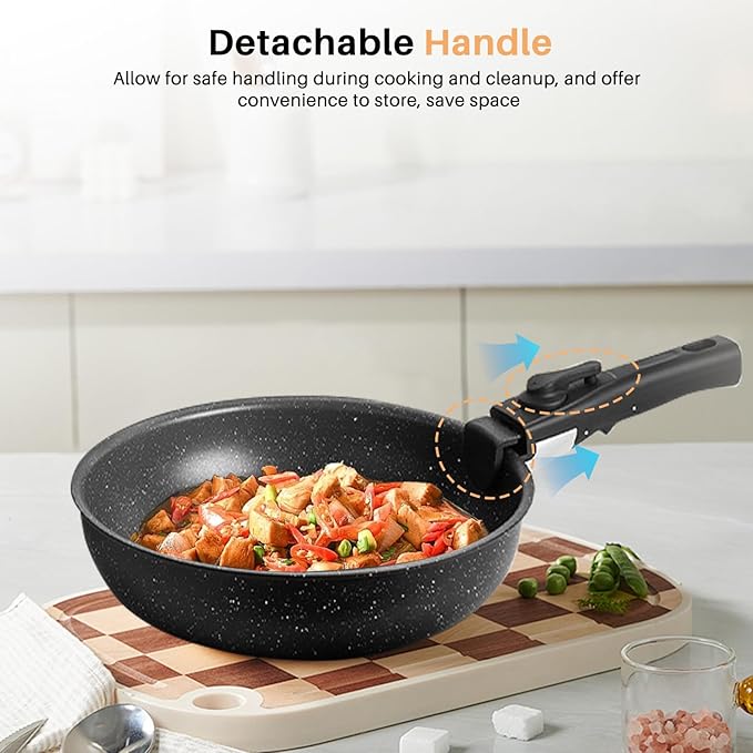 12 PCS Pots and Pans Set Non Stick Kitchen Induction Cookware Oven-Safe Stackable RV Cookware with Detachable Handle Black