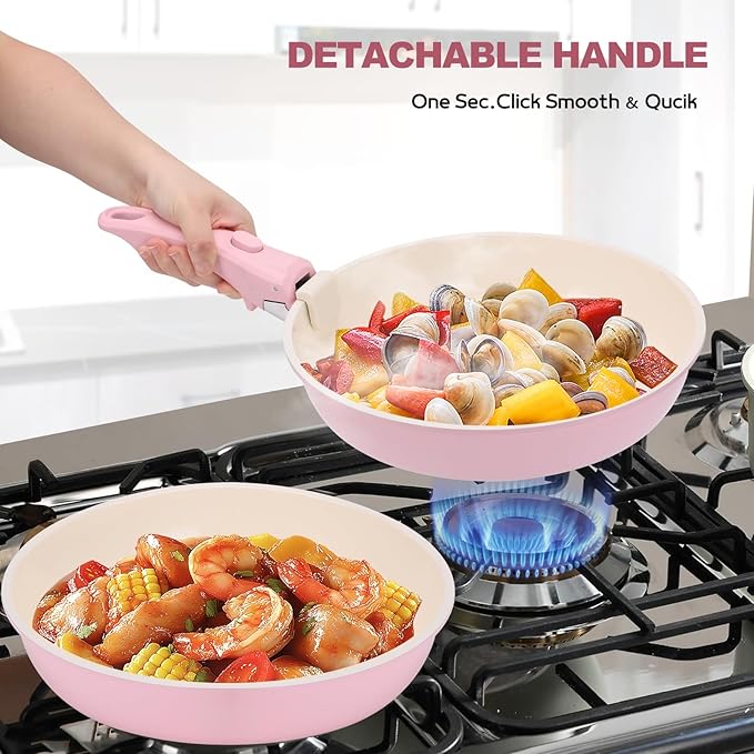 17 Piece Ceramic Pots and Pans Set Non Stick Cookware Set with Detachable Handle Dishwasher/Oven Safe Induction Ready Stackable RV Kitchen Cooking Set Removable Handles Pots Protectors Pink